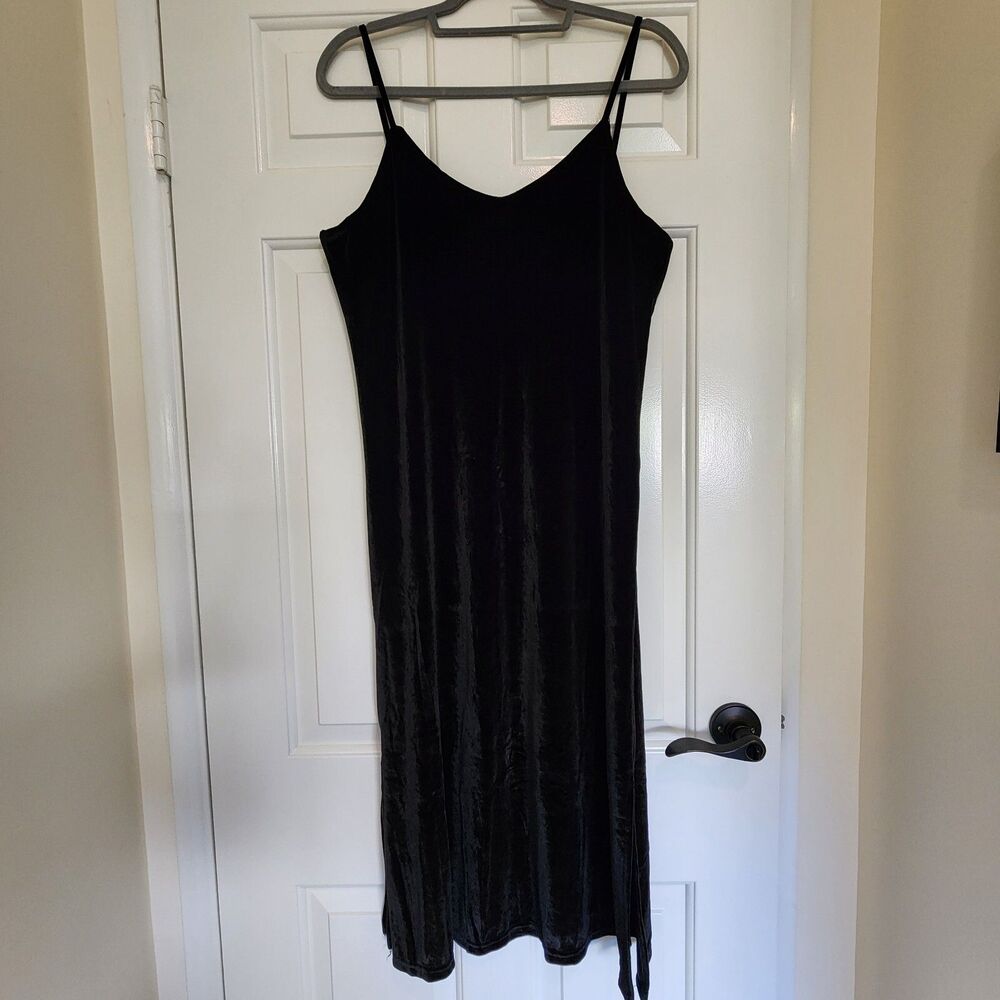 Black Vintage Velvet Midi Slip Dress Witchy Gothic Steampunk Fairy 90s Slit L/XL